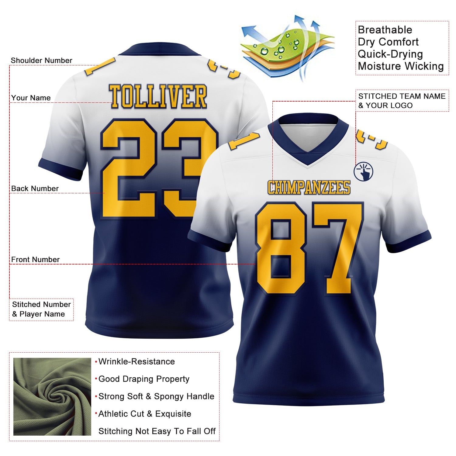 Custom White Gold-Navy Authentic Fade Fashion Football Jersey view 2