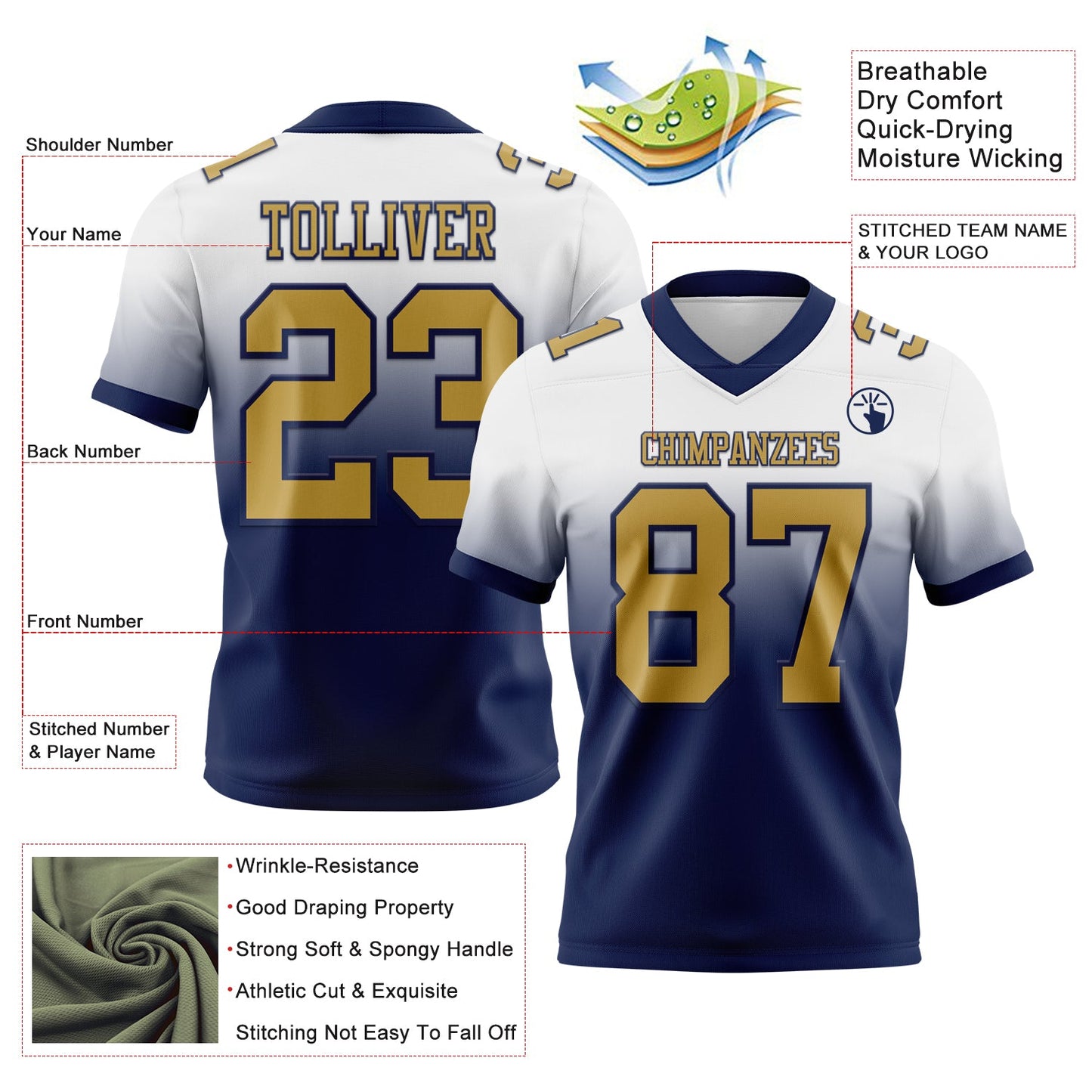Custom White Old Gold-Navy Authentic Fade Fashion Football Jersey view 2