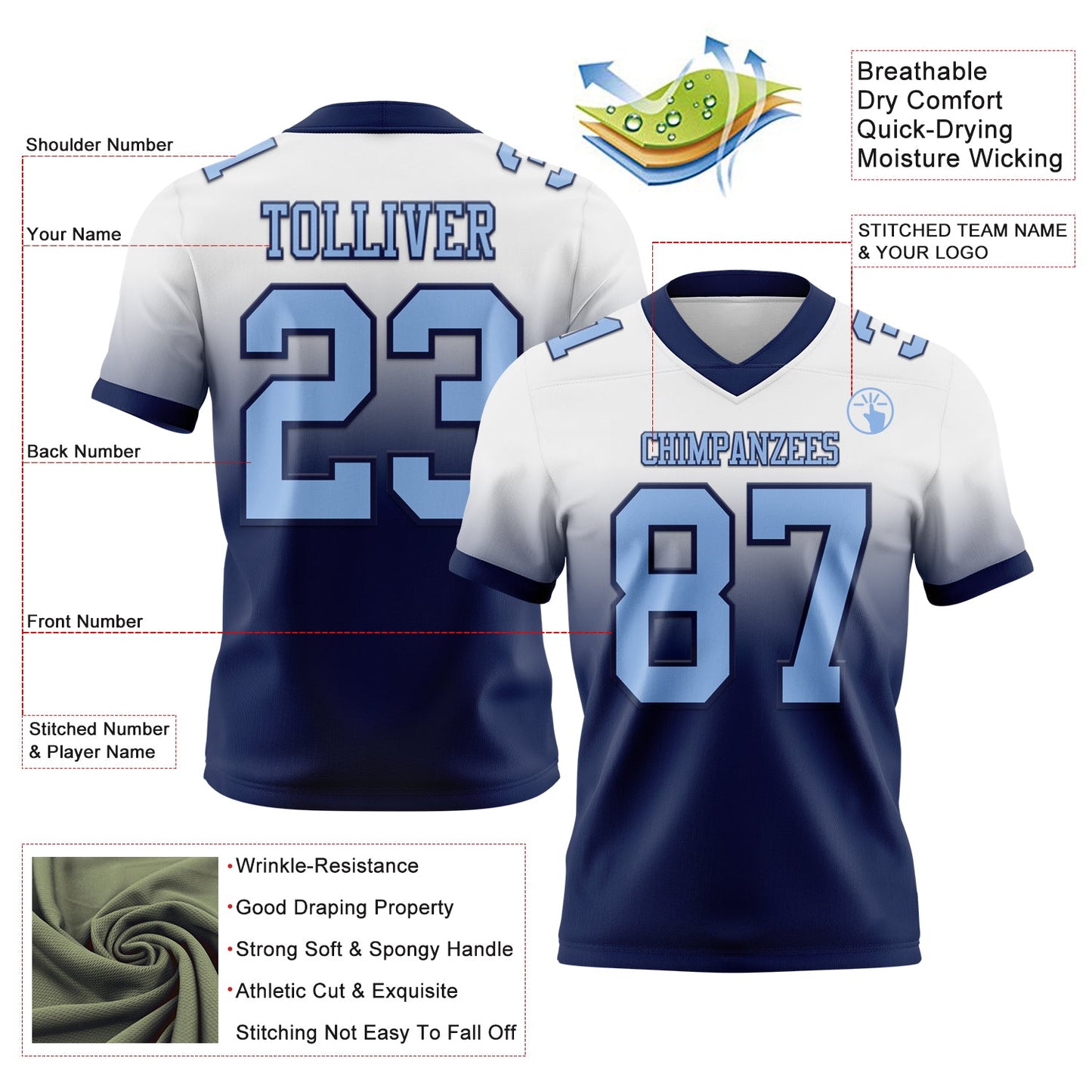 Custom White Light Blue-Navy Authentic Fade Fashion Football Jersey view 2