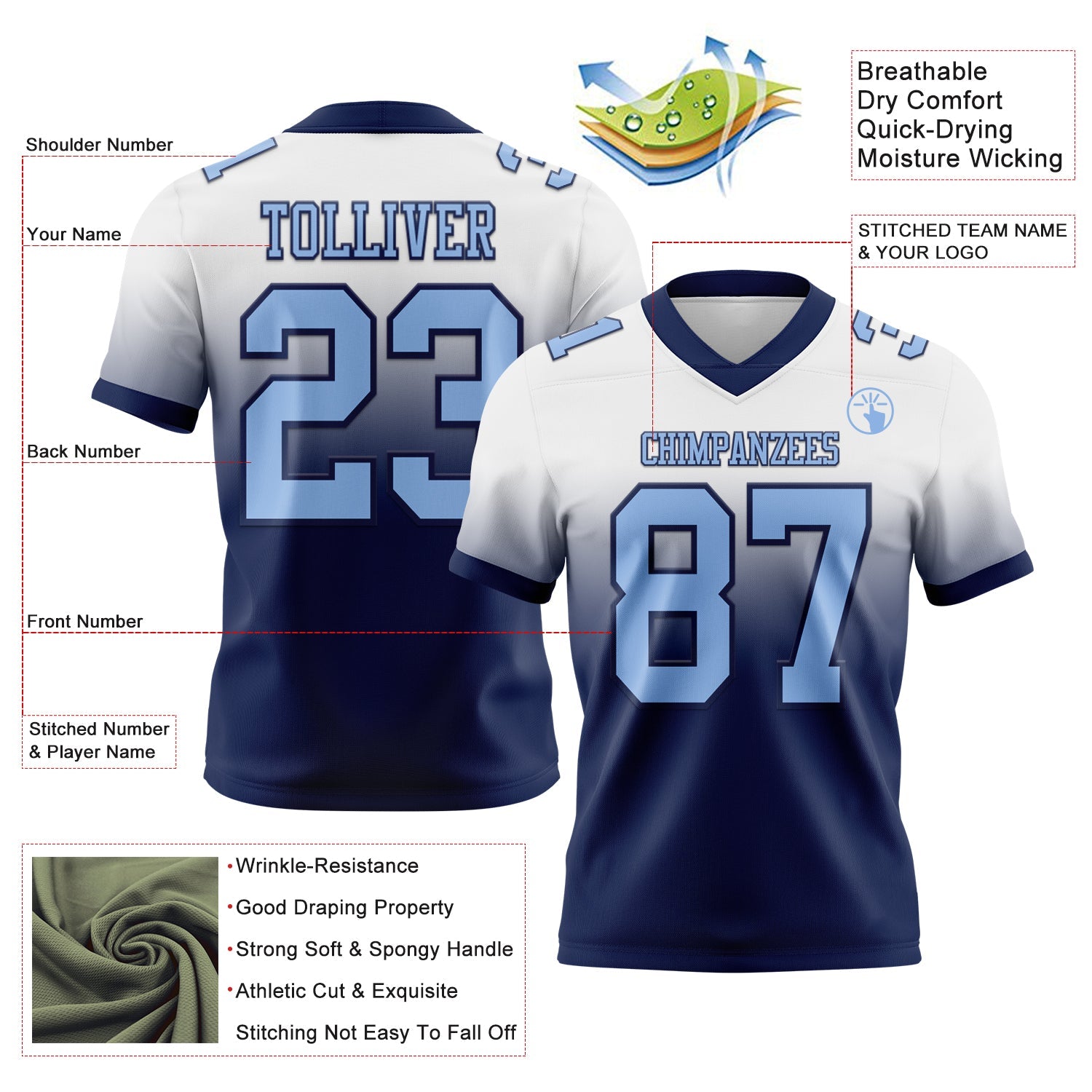 Custom White Light Blue-Navy Authentic Fade Fashion Football Jersey view 2
