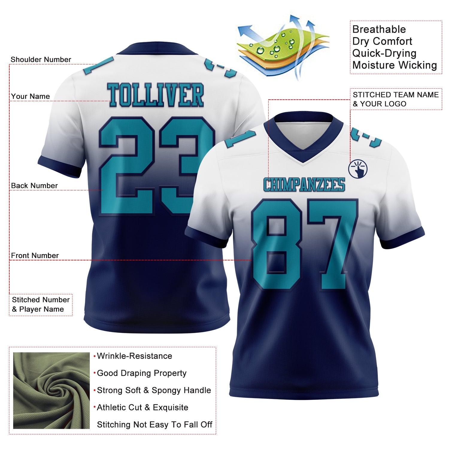 Custom White Teal-Navy Authentic Fade Fashion Football Jersey view 2