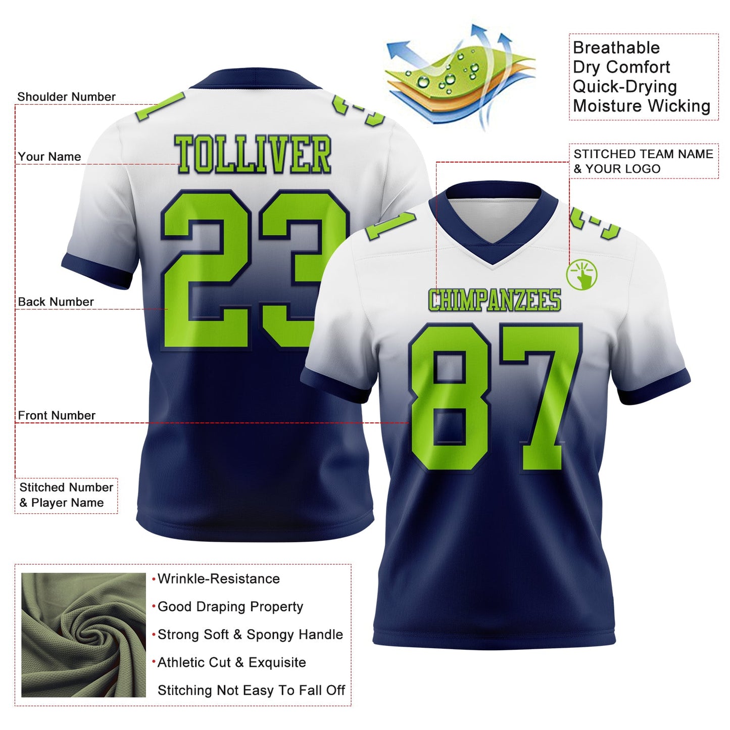 Custom White Neon Green-Navy Authentic Fade Fashion Football Jersey view 2