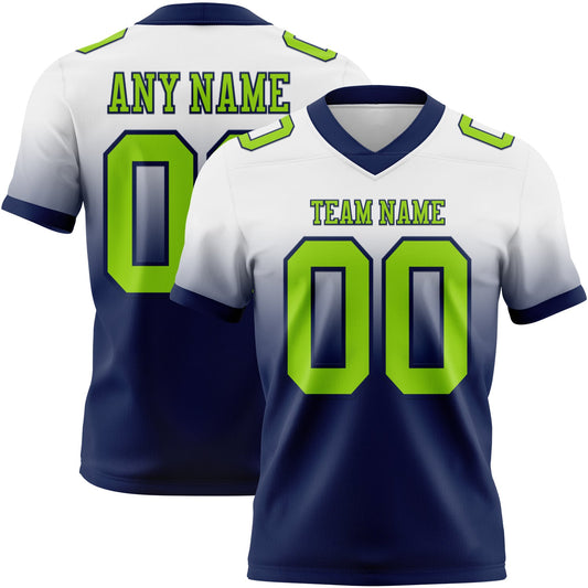 Custom White Neon Green-Navy Authentic Fade Fashion Football Jersey - Main View