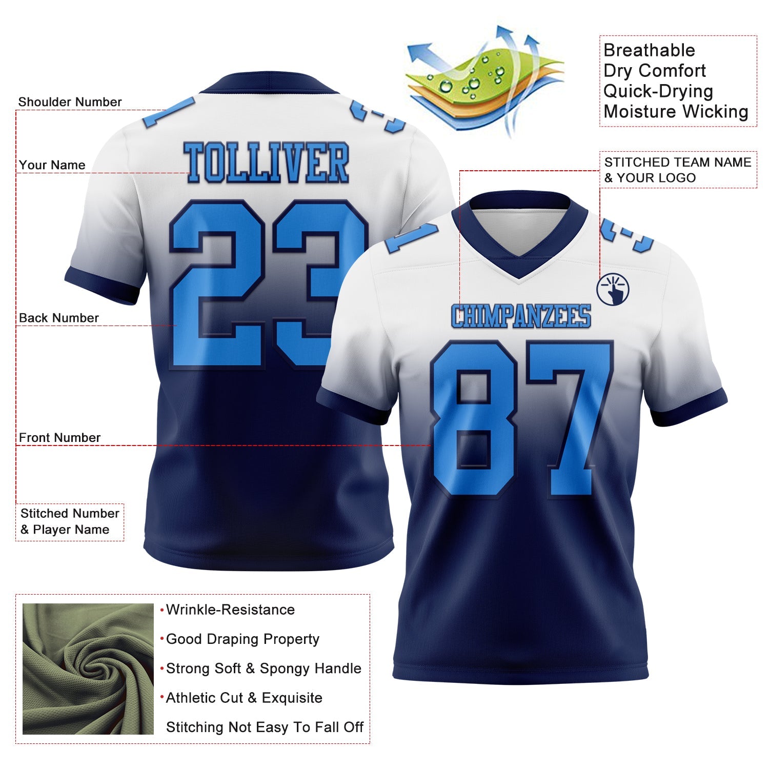 Custom White Powder Blue-Navy Authentic Fade Fashion Football Jersey view 2