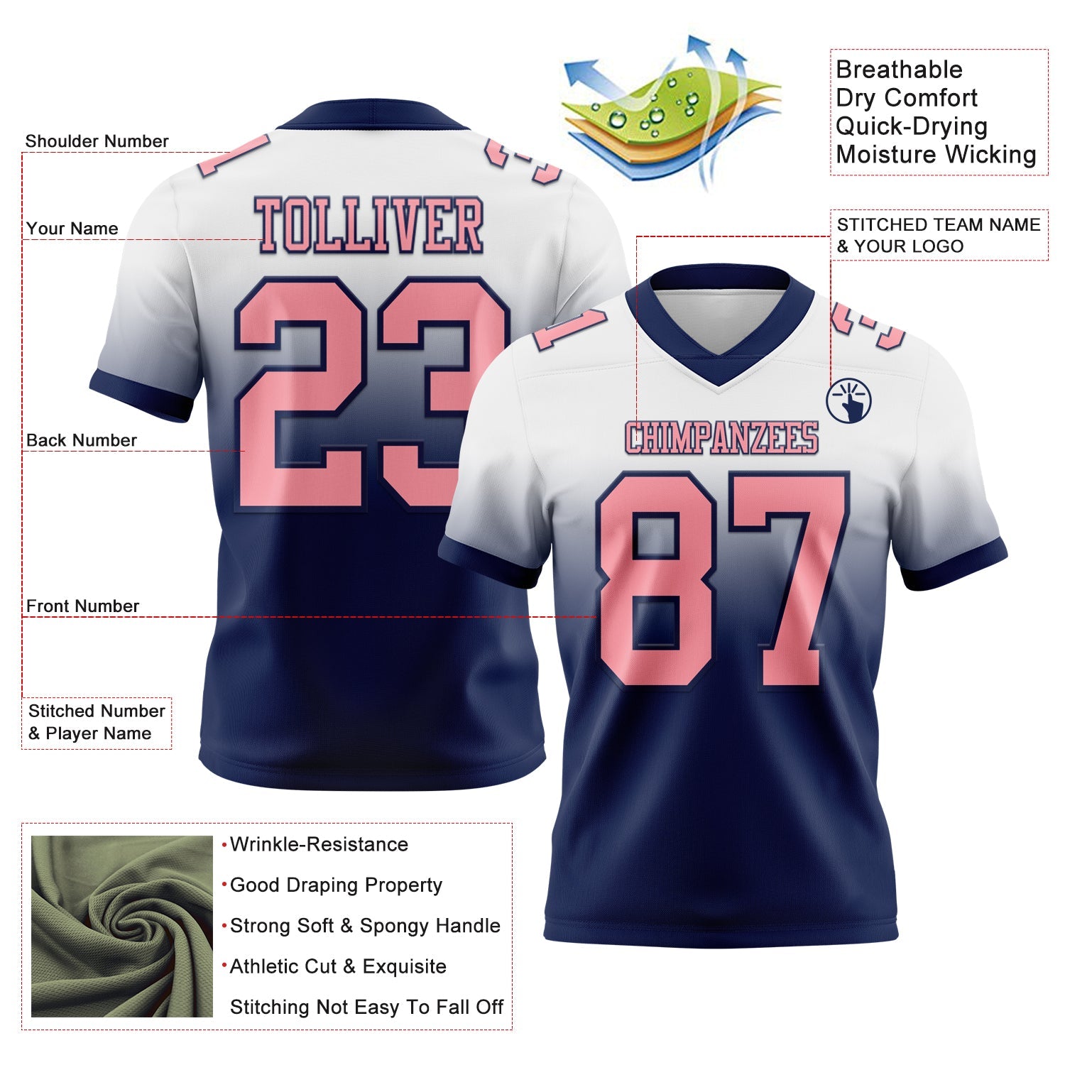 Custom White Medium Pink-Navy Authentic Fade Fashion Football Jersey view 2