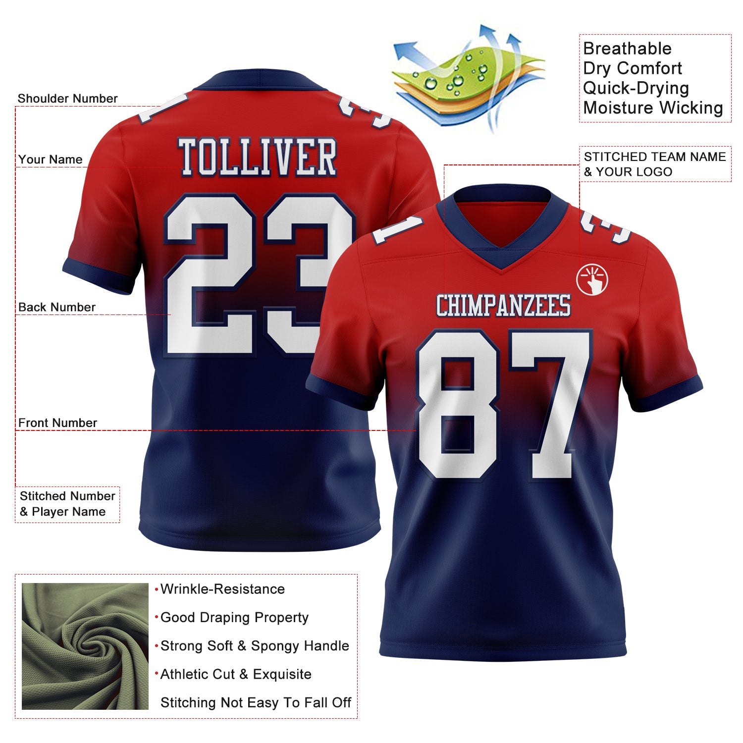 Custom Red White-Navy Authentic Fade Fashion Football Jersey view 2