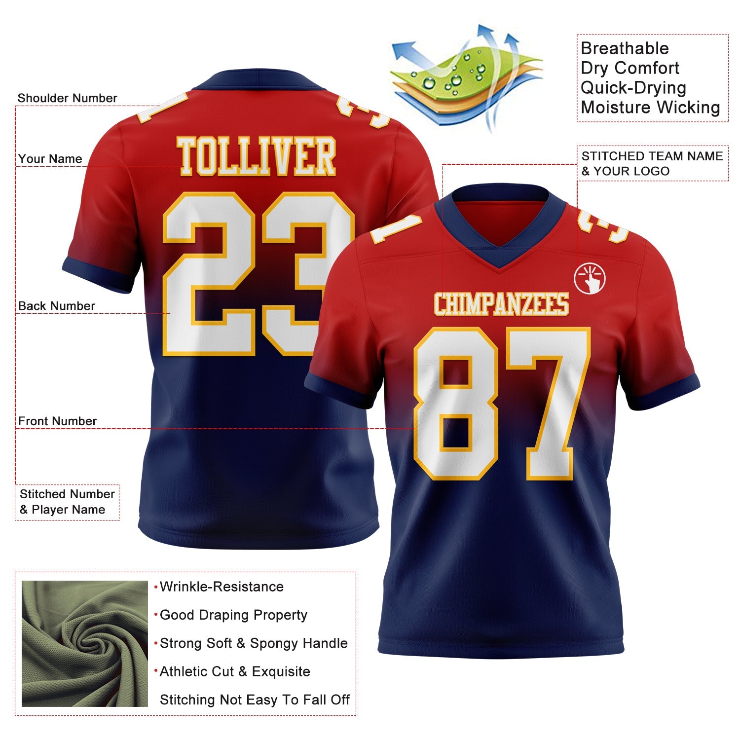 Custom Red White Navy-Gold Authentic Fade Fashion Football Jersey view 2