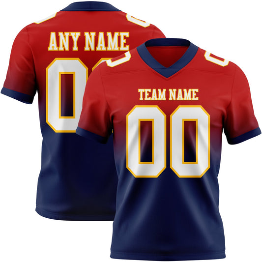 Custom Red White Navy-Gold Authentic Fade Fashion Football Jersey - Main View
