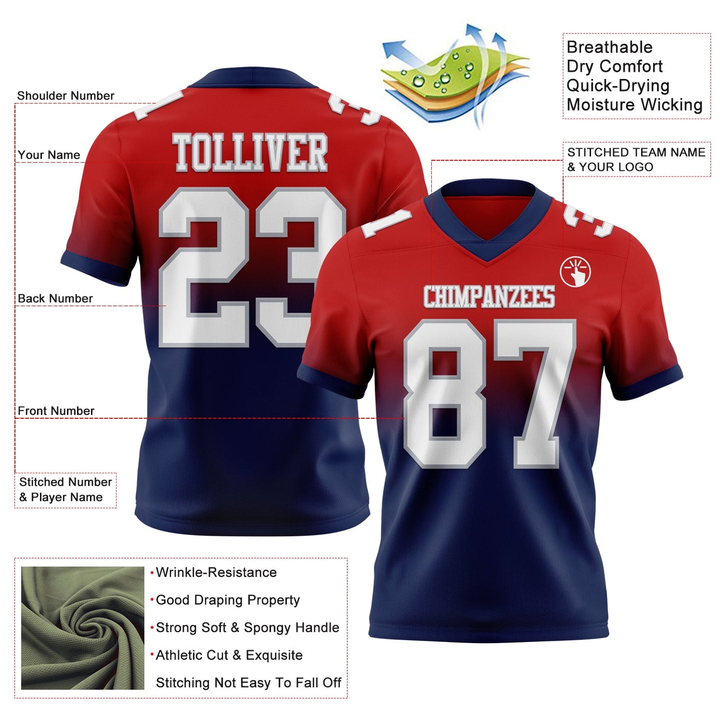 Custom Red White Navy-Gray Authentic Fade Fashion Football Jersey view 2