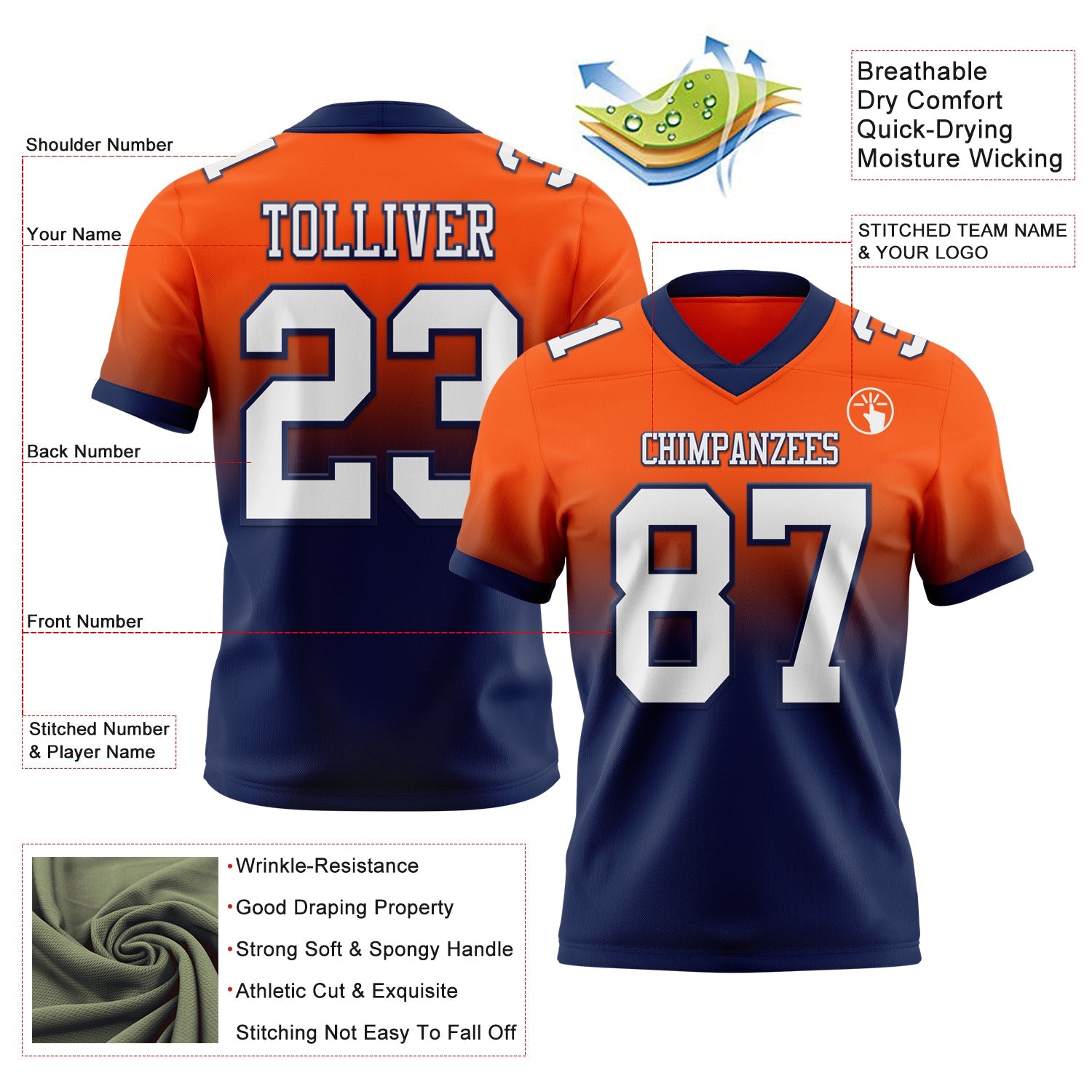 Custom Orange White-Navy Authentic Fade Fashion Football Jersey view 2
