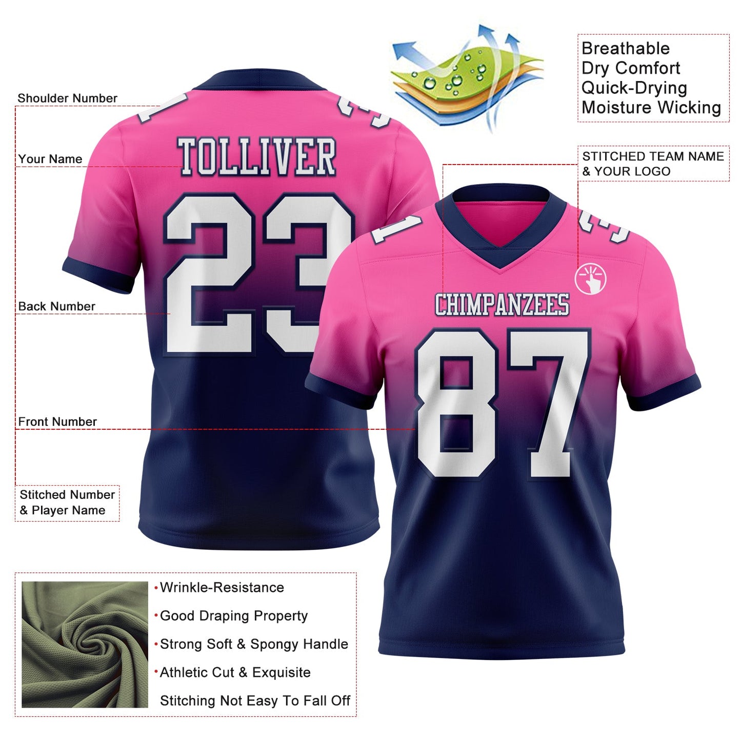 Custom Pink White-Navy Authentic Fade Fashion Football Jersey view 2