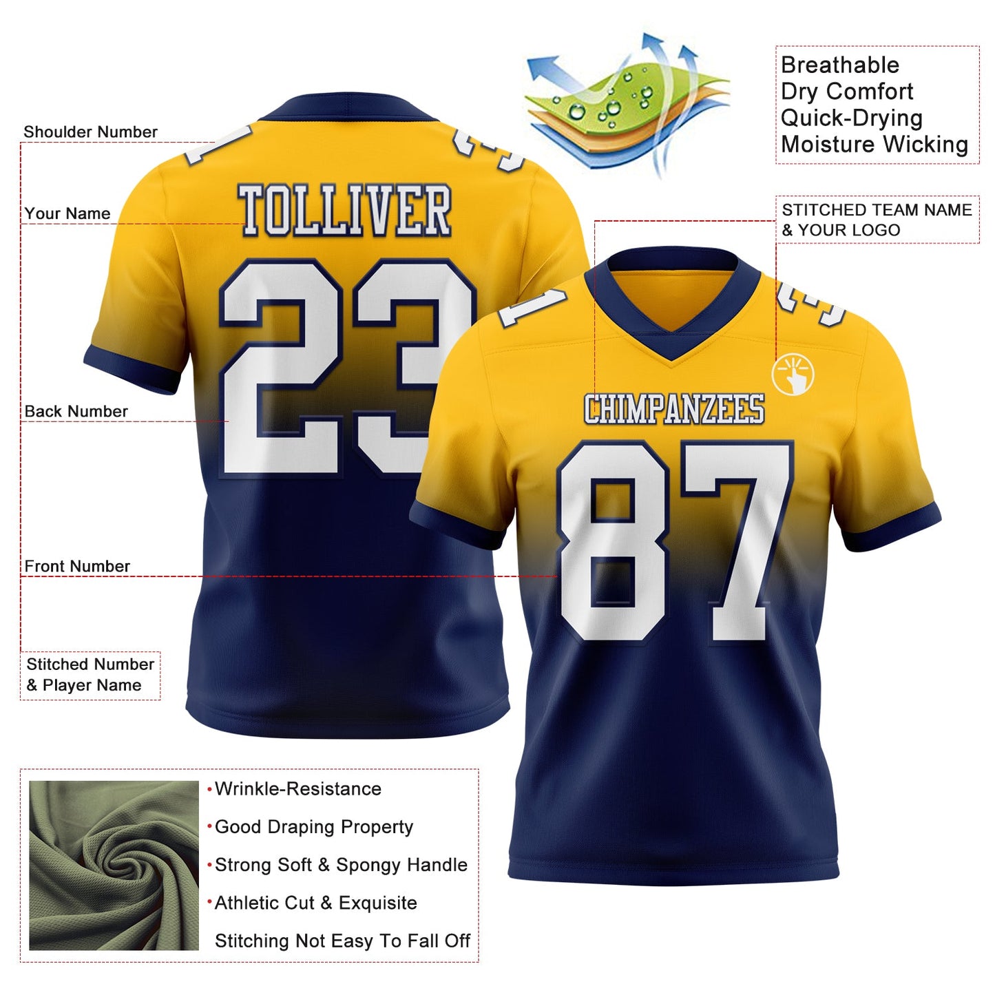 Custom Gold White-Navy Authentic Fade Fashion Football Jersey view 2
