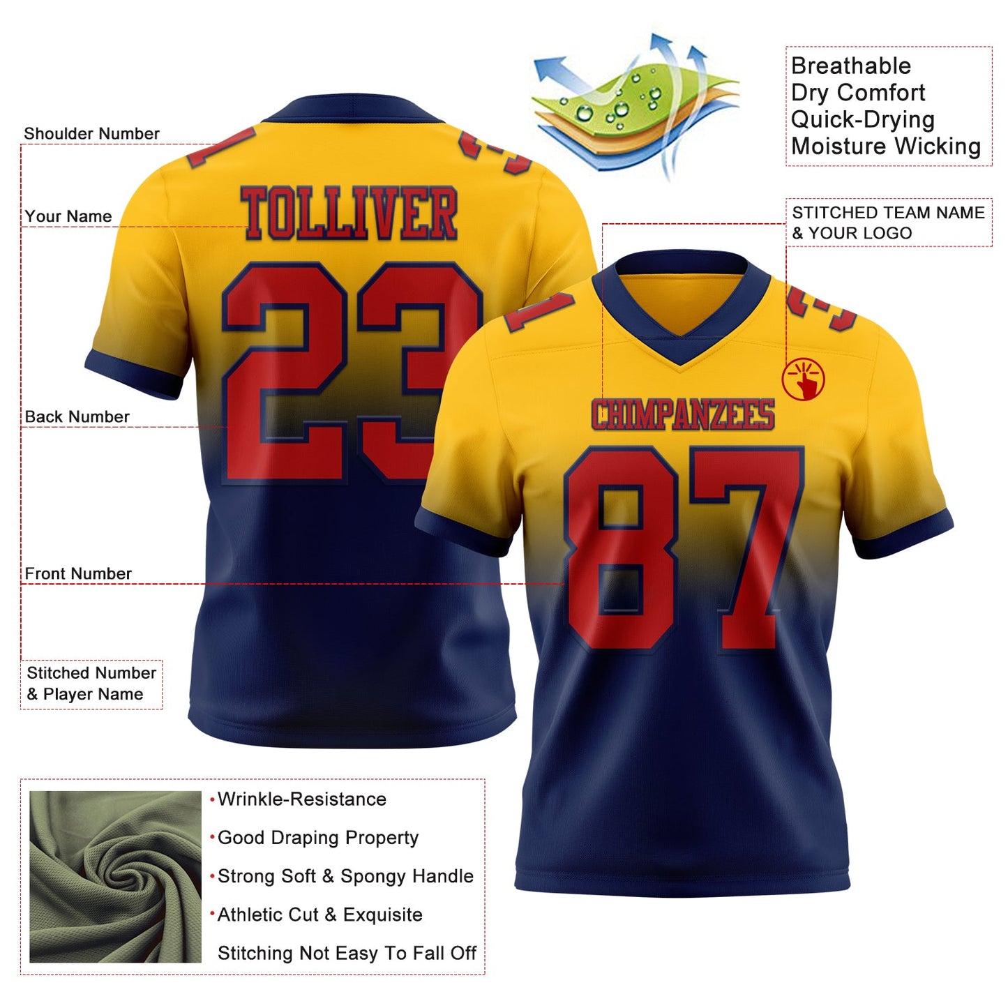 Custom Gold Red-Navy Authentic Fade Fashion Football Jersey view 2
