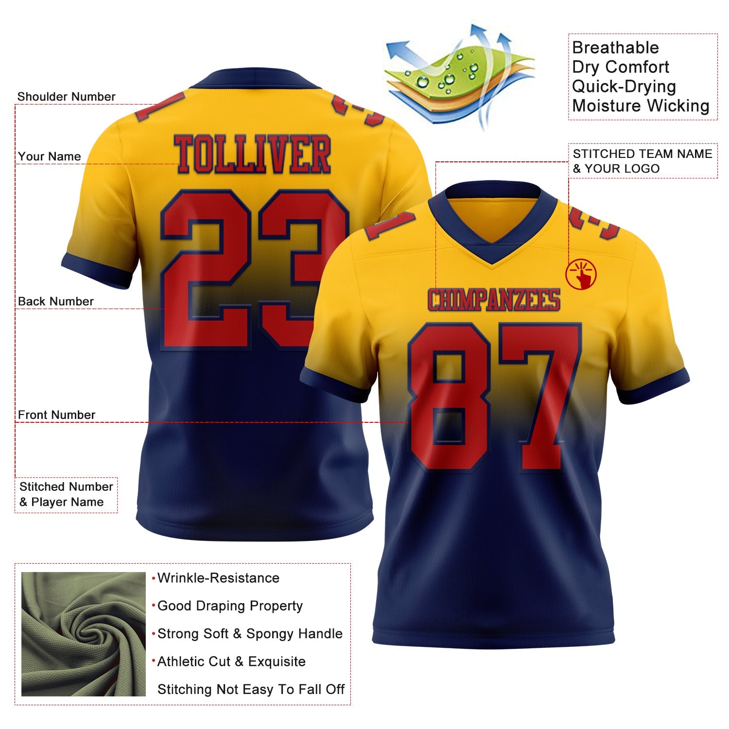 Custom Gold Red-Navy Authentic Fade Fashion Football Jersey view 2