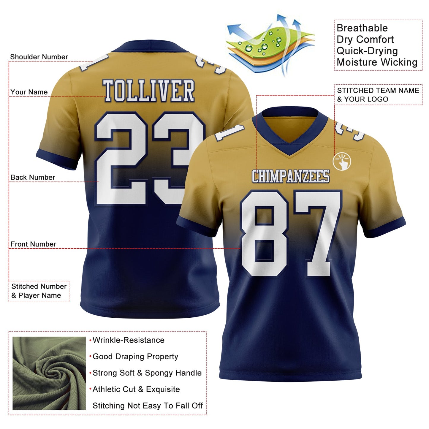 Custom Old Gold White-Navy Authentic Fade Fashion Football Jersey view 2