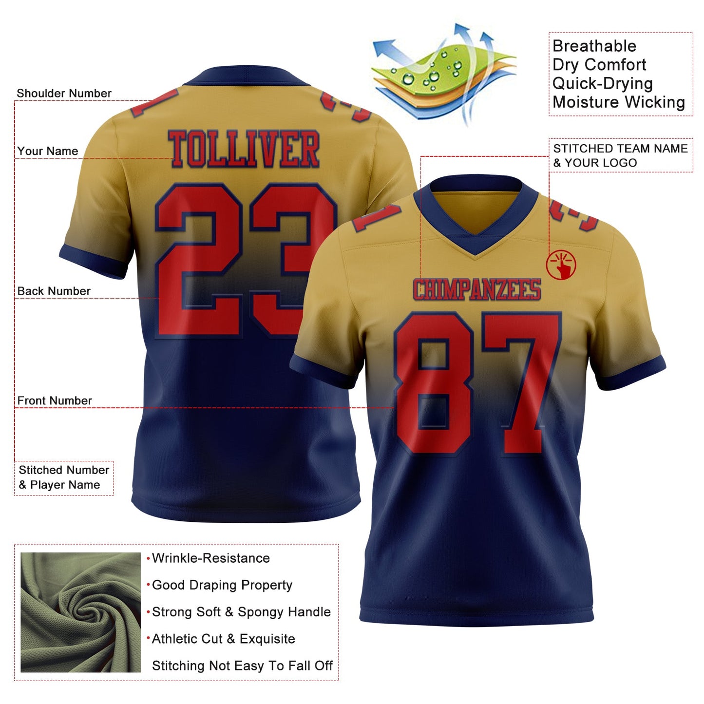 Custom Old Gold Red-Navy Authentic Fade Fashion Football Jersey view 2