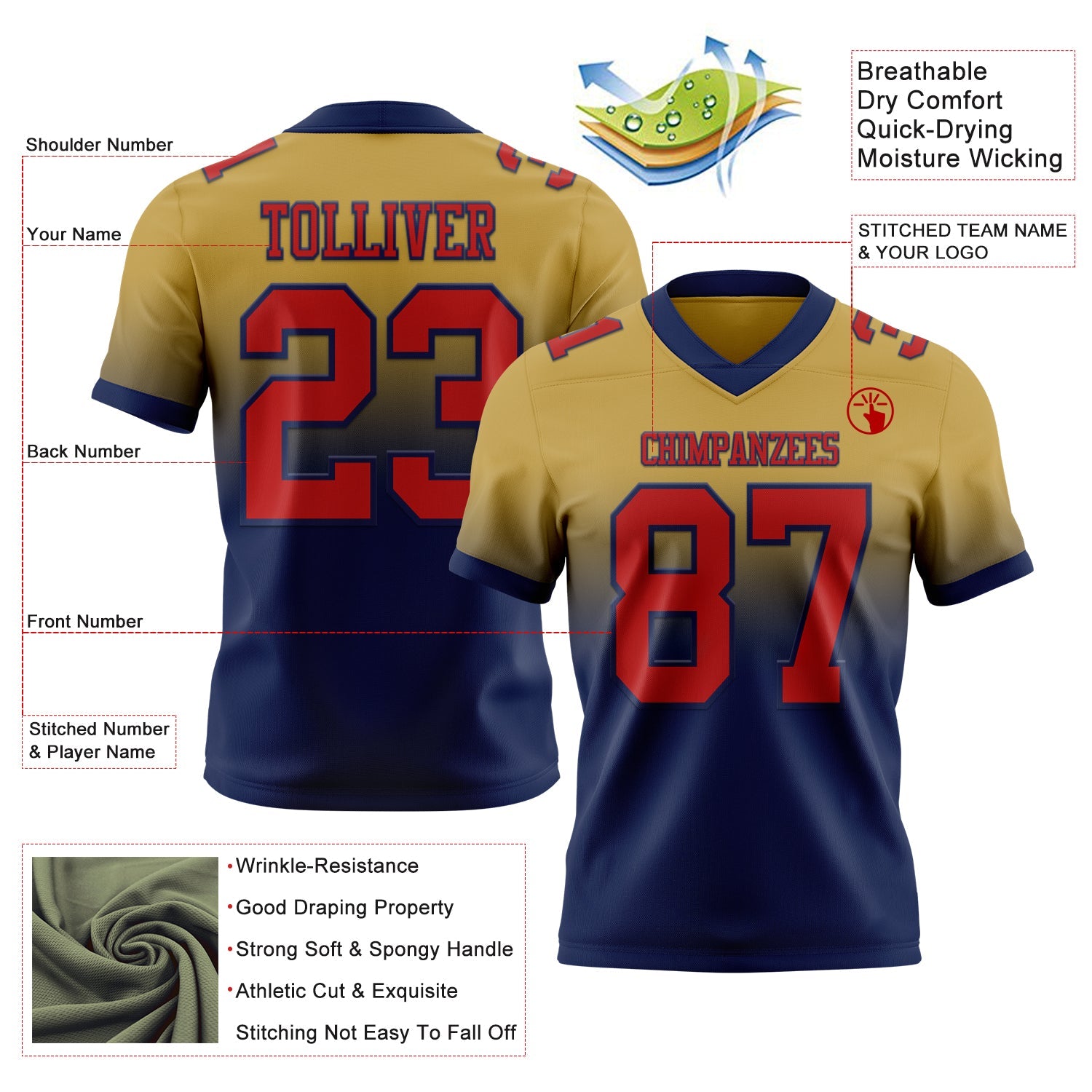 Custom Old Gold Red-Navy Authentic Fade Fashion Football Jersey view 2