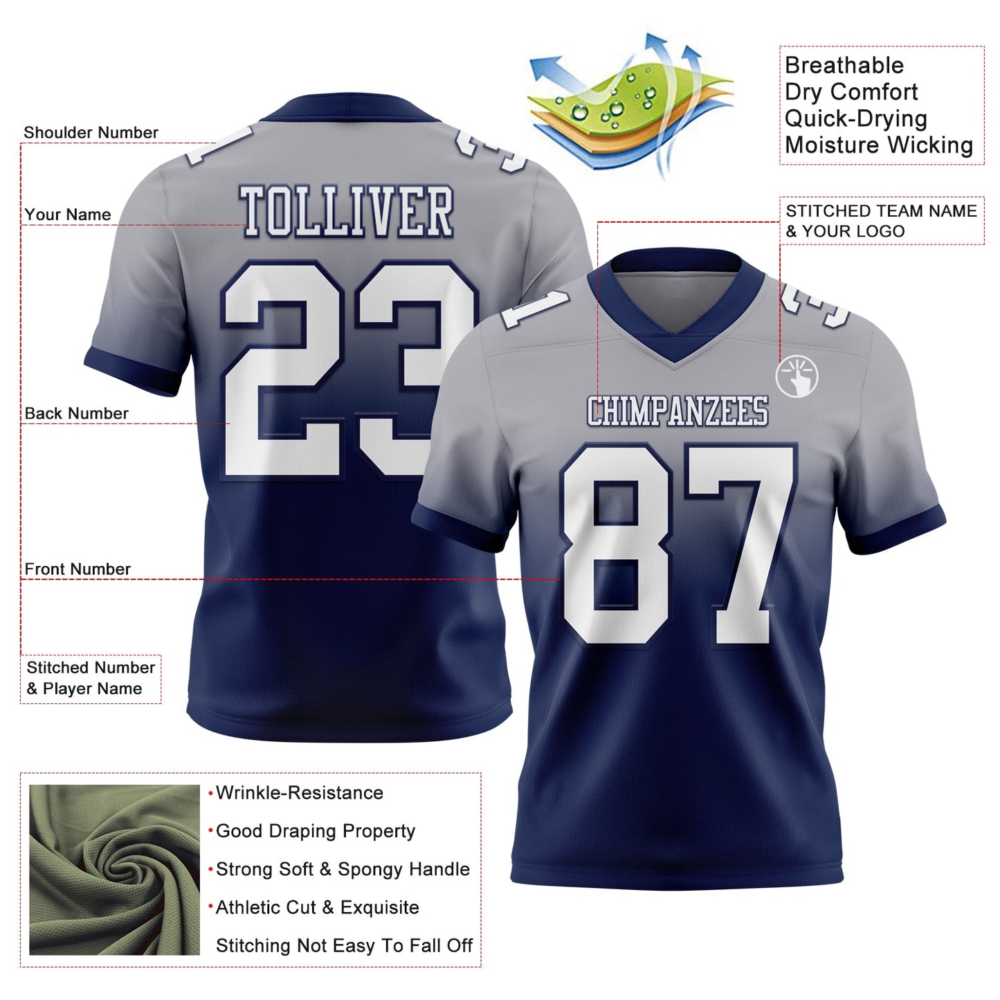 Custom Gray White-Navy Authentic Fade Fashion Football Jersey view 2