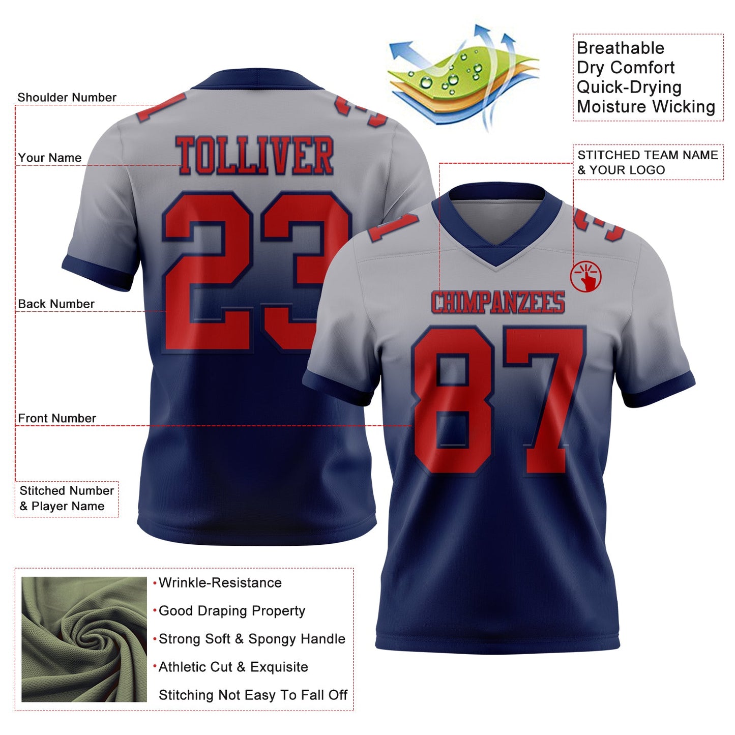 Custom Gray Red-Navy Authentic Fade Fashion Football Jersey view 2