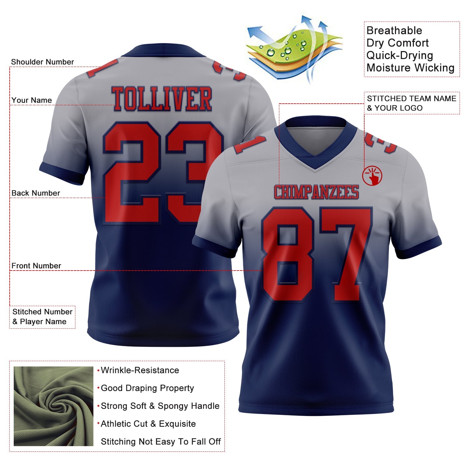 Custom Gray Red-Navy Authentic Fade Fashion Football Jersey view 2