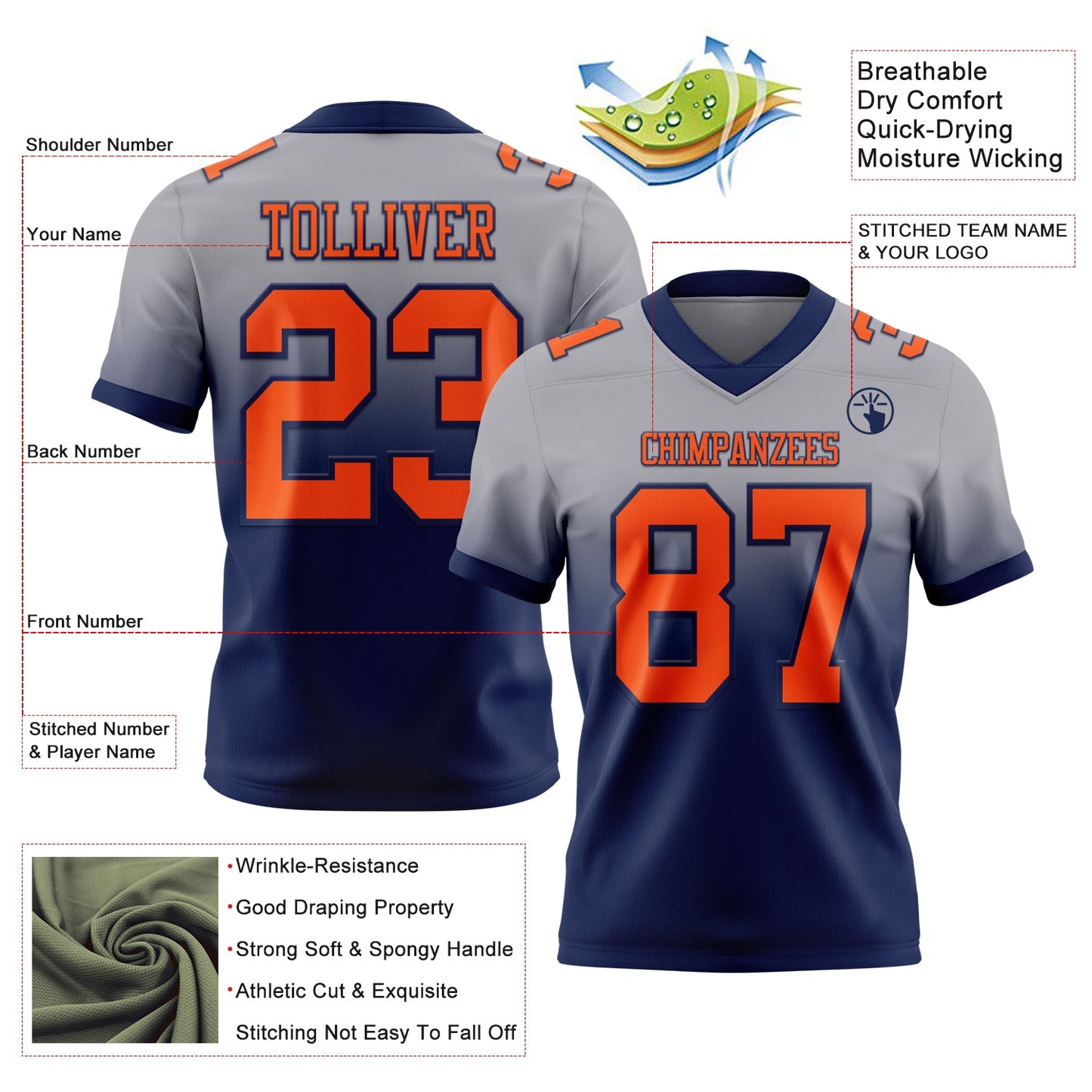 Custom Gray Orange-Navy Authentic Fade Fashion Football Jersey view 2