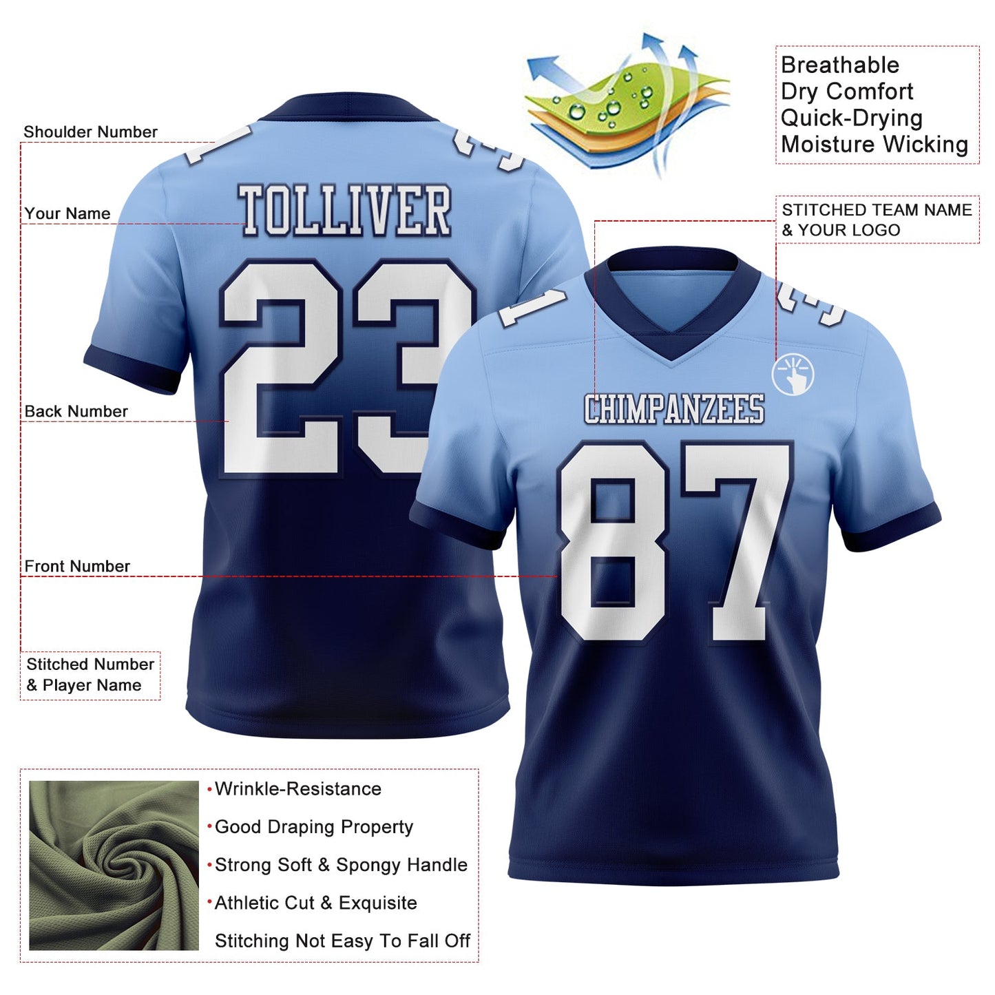 Custom Light Blue White-Navy Authentic Fade Fashion Football Jersey view 2