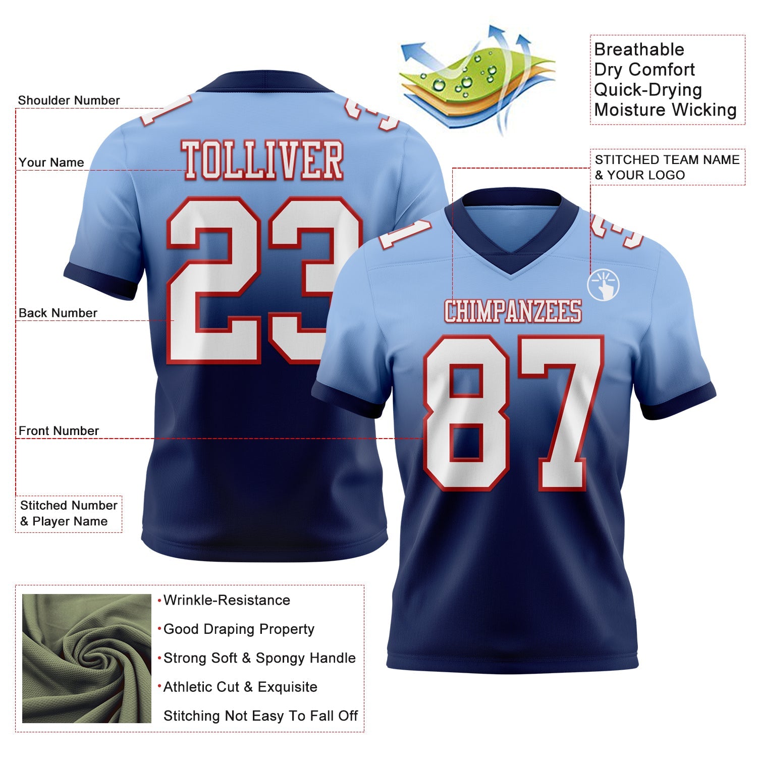 Custom Light Blue White Navy-Red Authentic Fade Fashion Football Jersey view 2