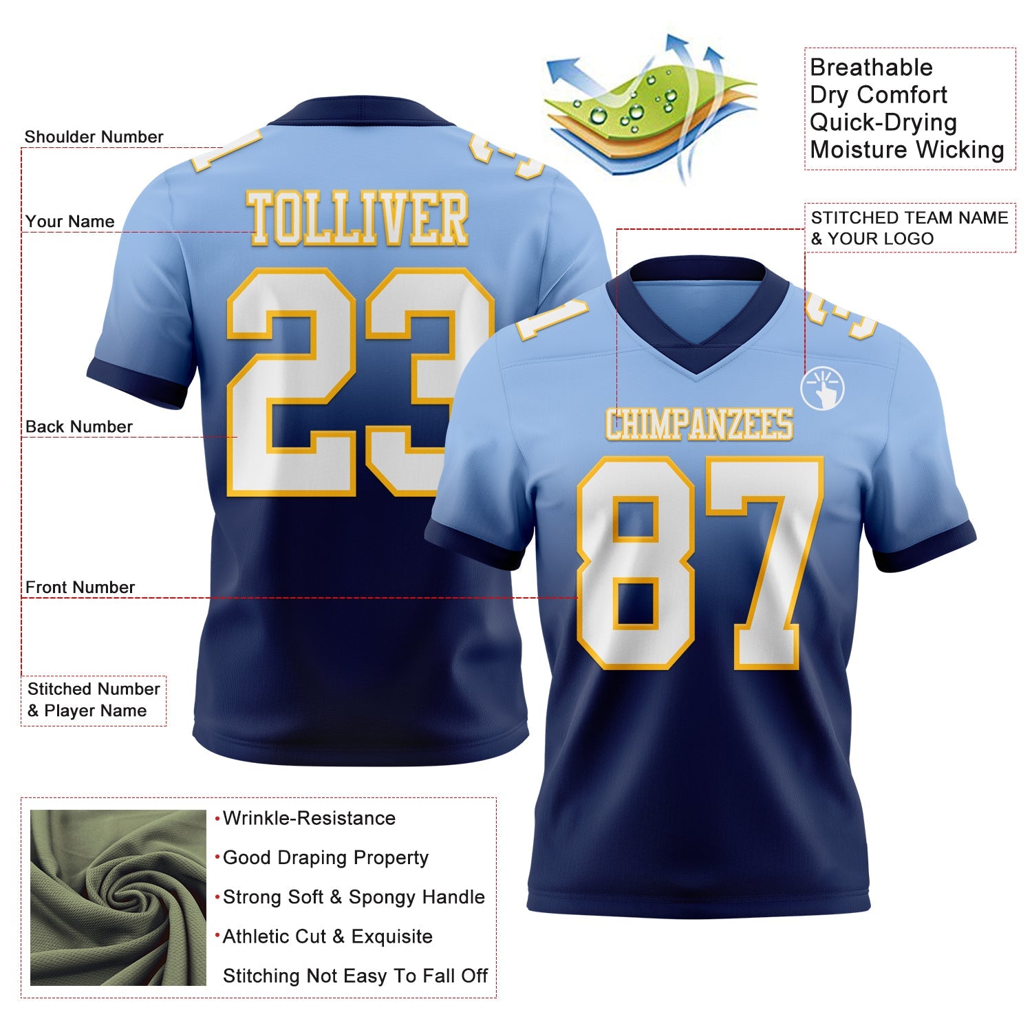 Custom Light Blue White Navy-Gold Authentic Fade Fashion Football Jersey view 2