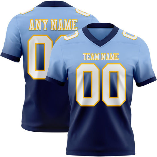 Custom Light Blue White Navy-Gold Authentic Fade Fashion Football Jersey - Main View
