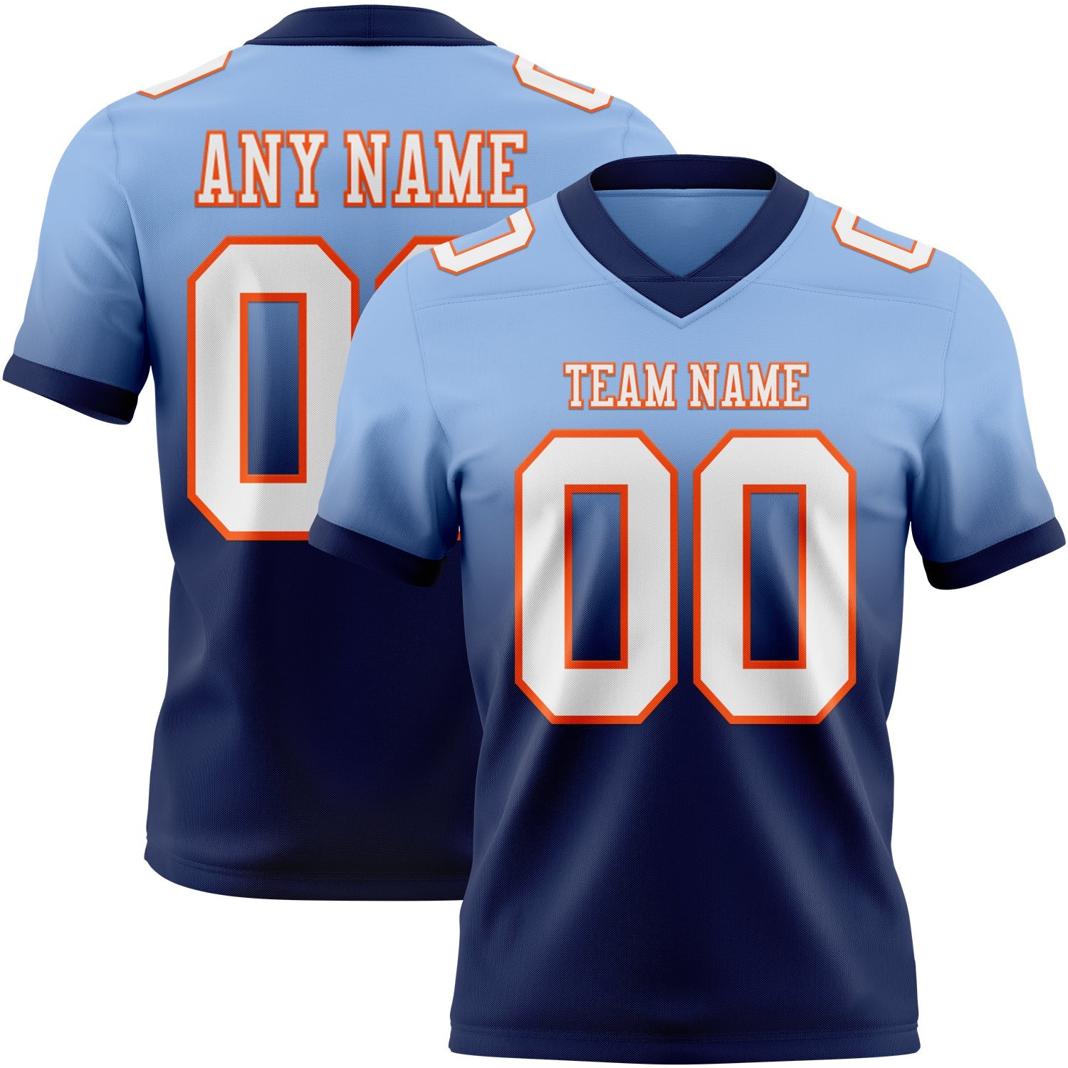Custom Light Blue White Navy-Orange Authentic Fade Fashion Football Jersey - Main View