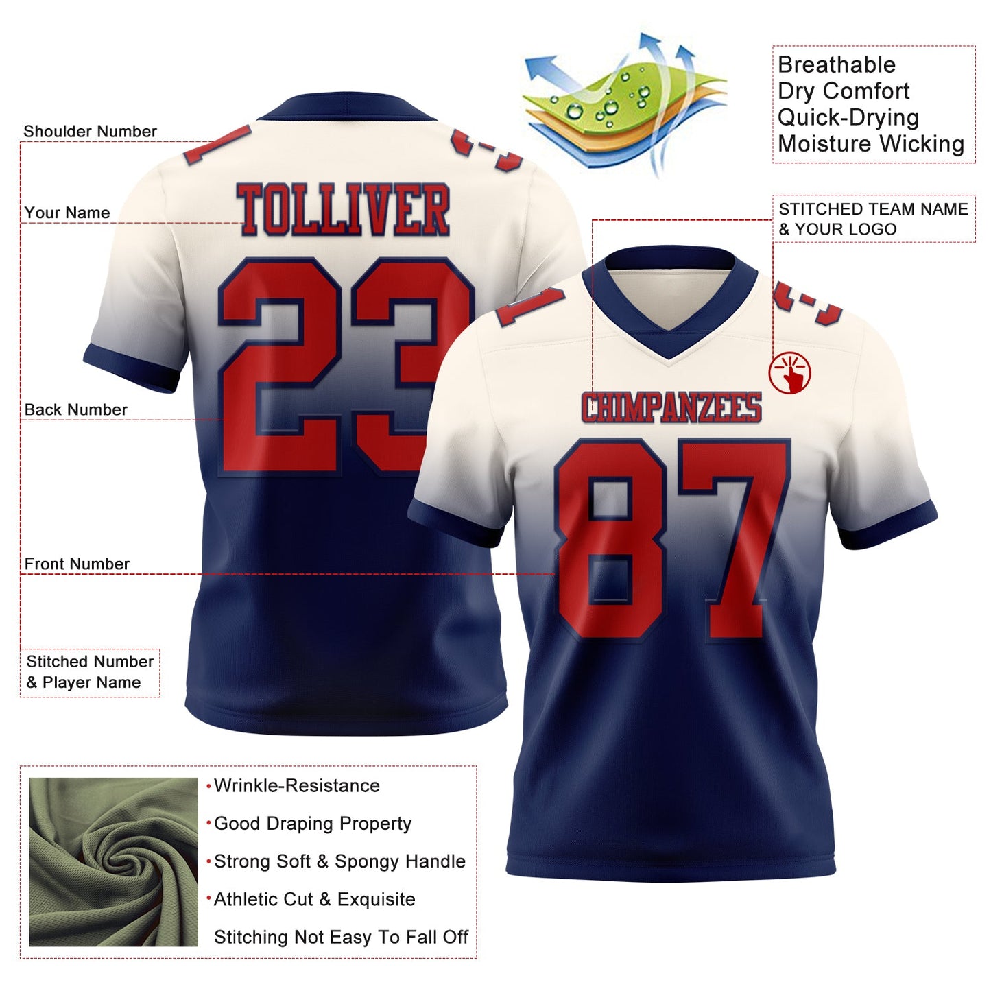Custom Cream Red-Navy Authentic Fade Fashion Football Jersey view 2