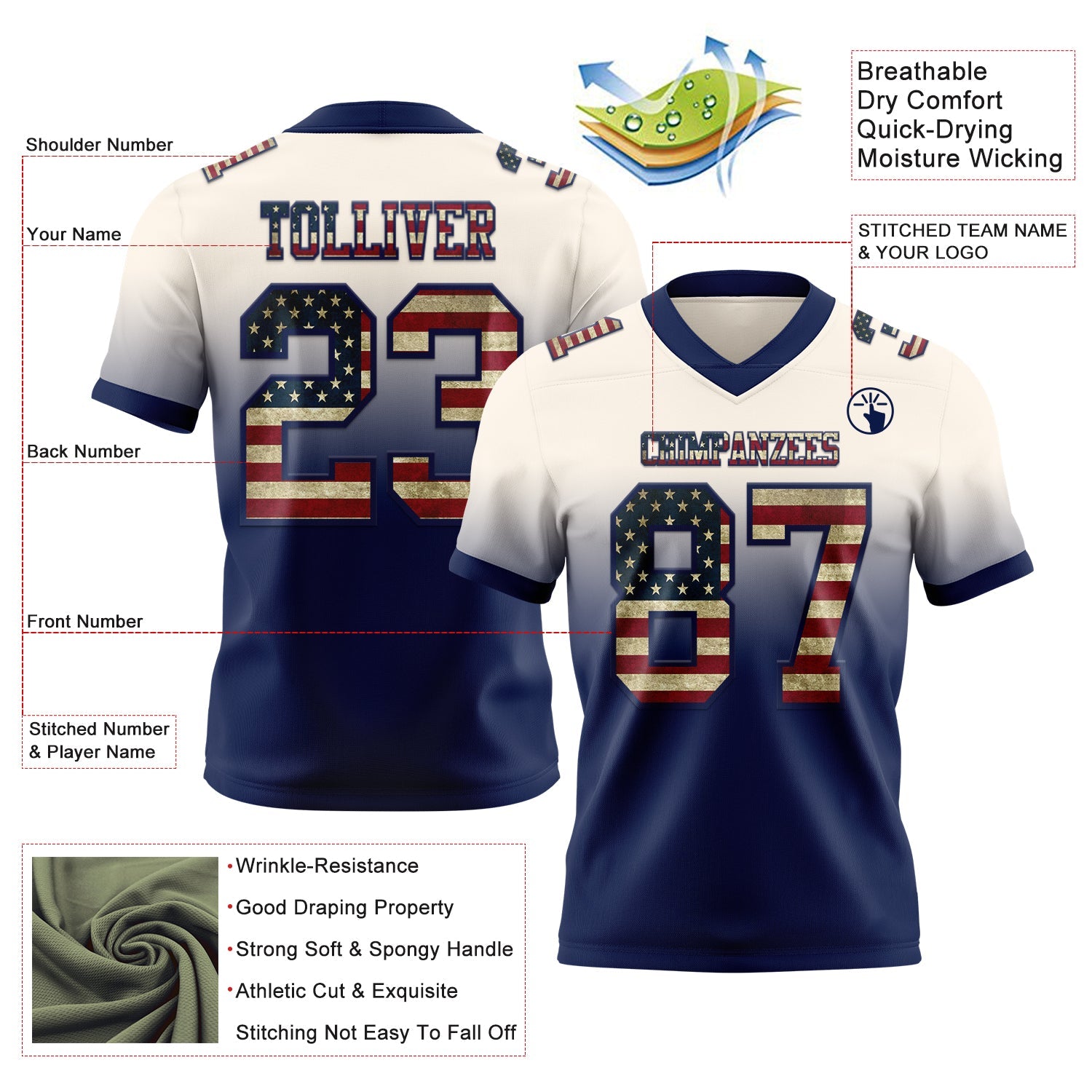 Custom Cream Vintage USA Flag-Navy Authentic Fade Fashion Football Jersey view 2