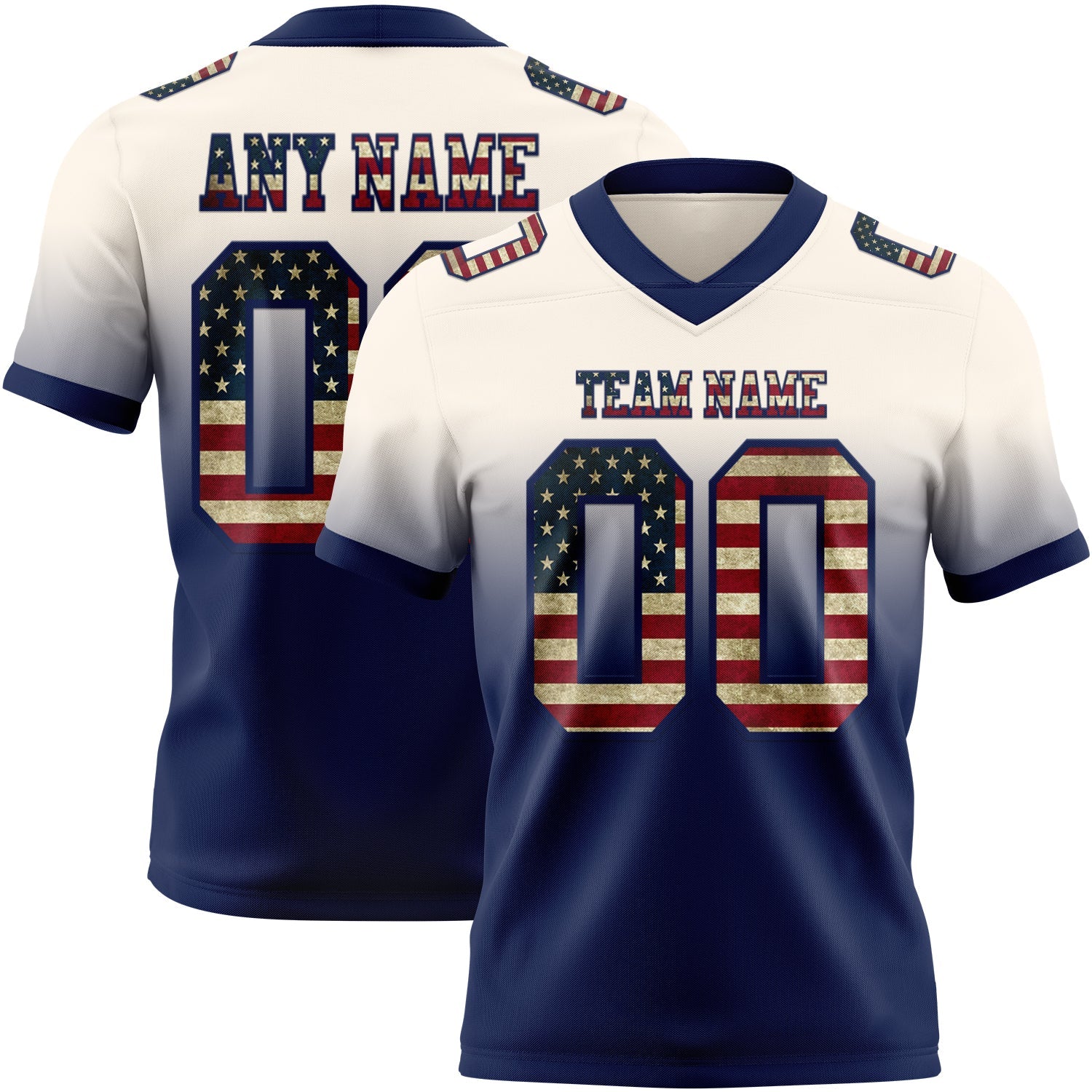 Custom Cream Vintage USA Flag-Navy Authentic Fade Fashion Football Jersey - Main View