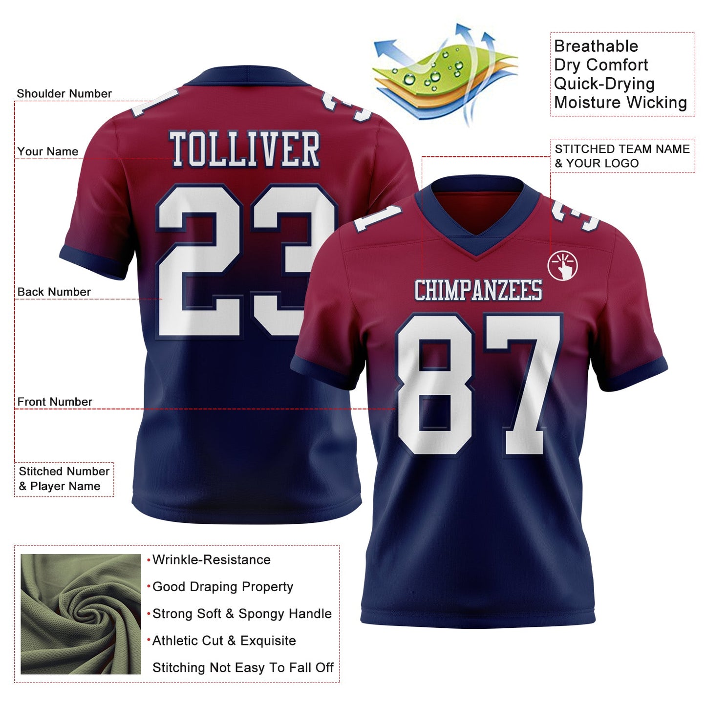 Custom Maroon White-Navy Authentic Fade Fashion Football Jersey view 2