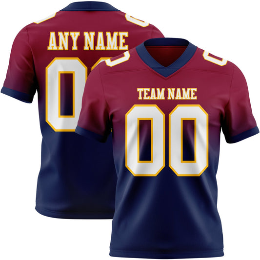 Custom Maroon White Navy-Gold Authentic Fade Fashion Football Jersey - Main View