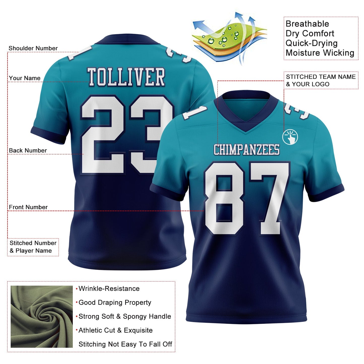 Custom Teal White-Navy Authentic Fade Fashion Football Jersey view 2