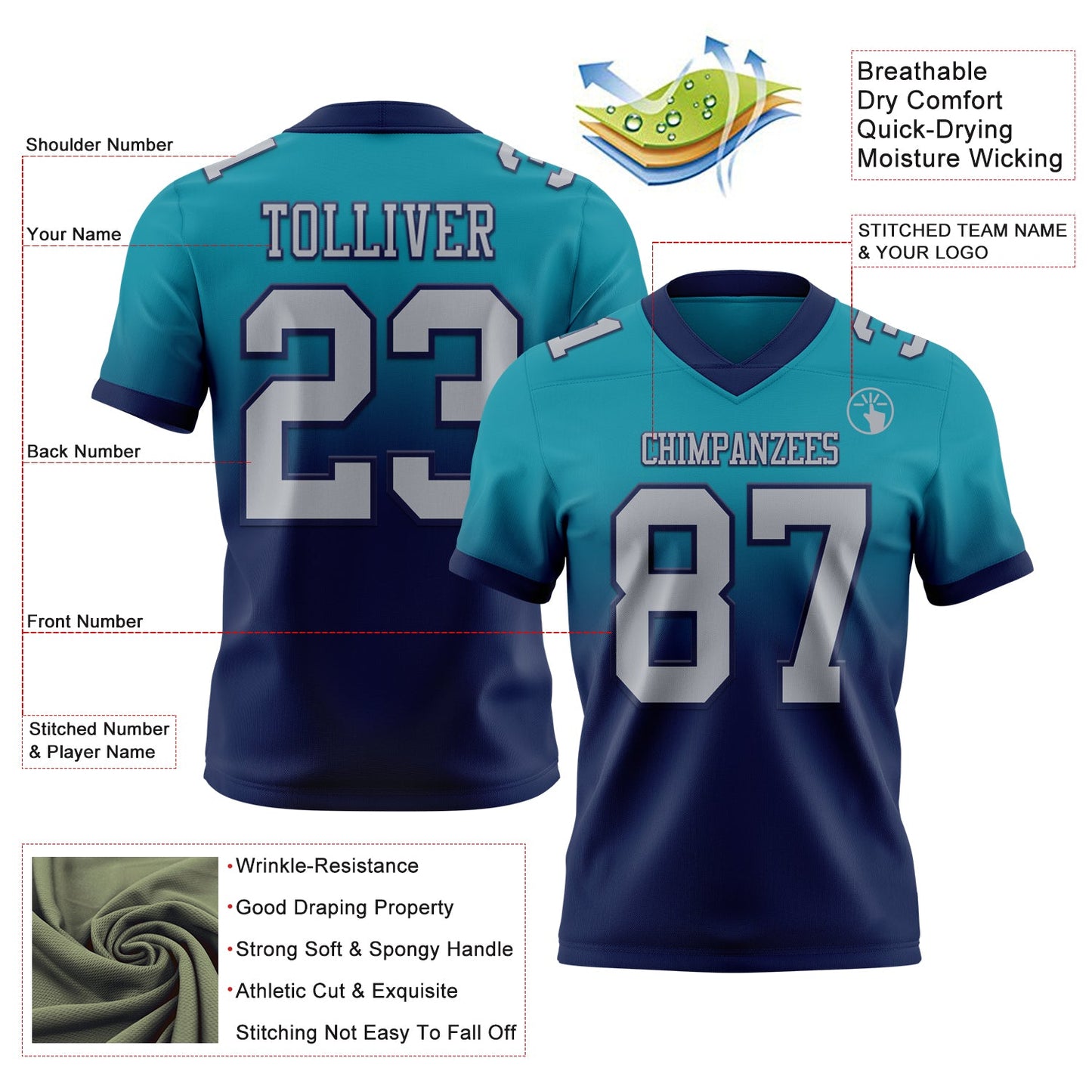 Custom Teal Gray-Navy Authentic Fade Fashion Football Jersey view 2