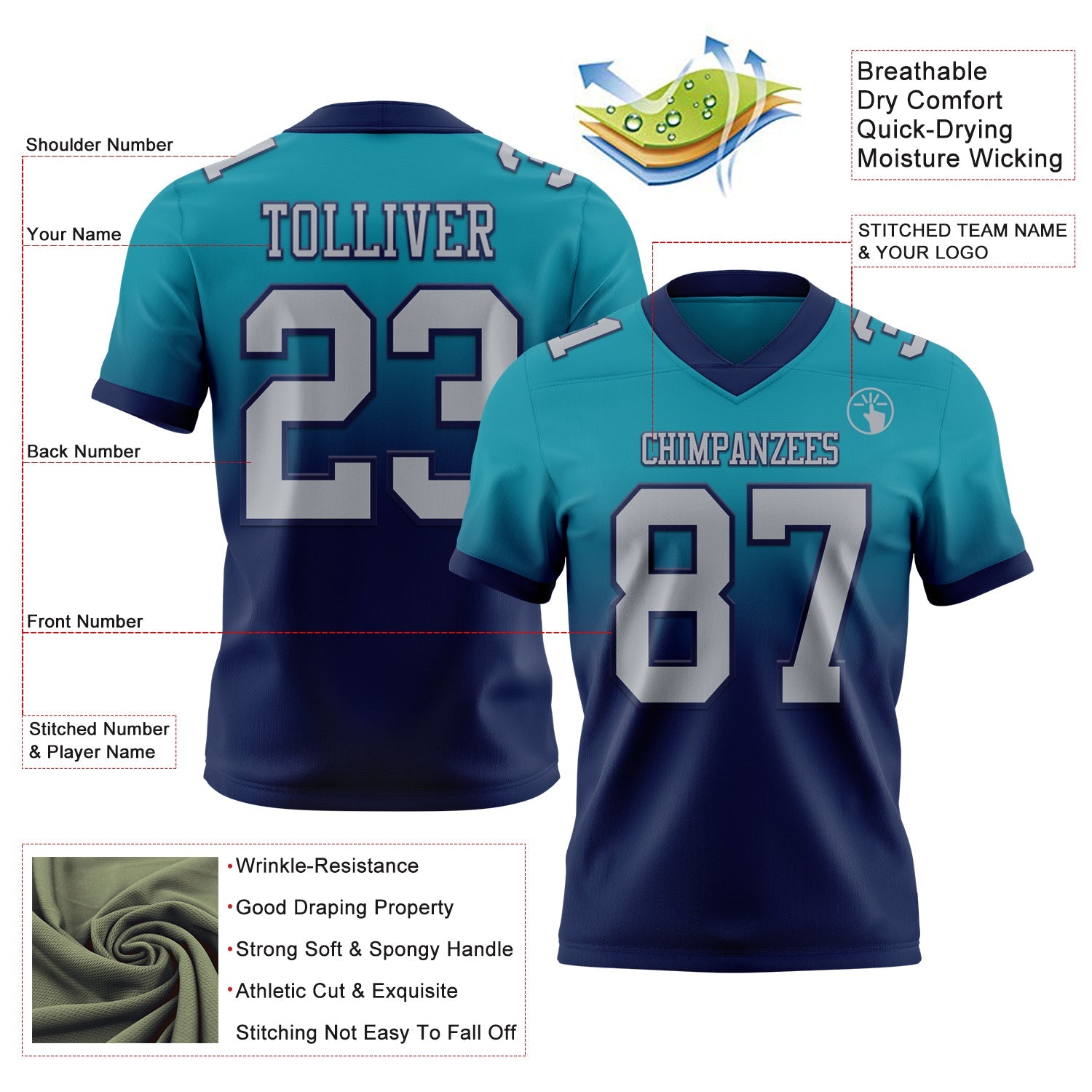 Custom Teal Gray-Navy Authentic Fade Fashion Football Jersey view 2