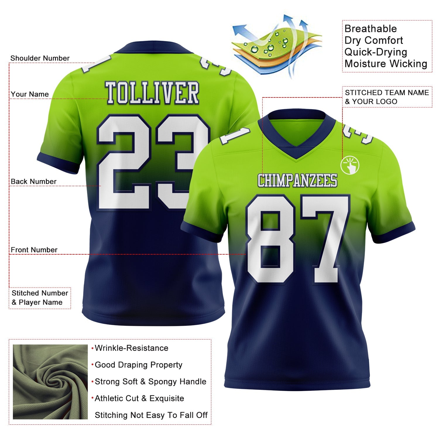 Custom Neon Green White-Navy Authentic Fade Fashion Football Jersey view 2