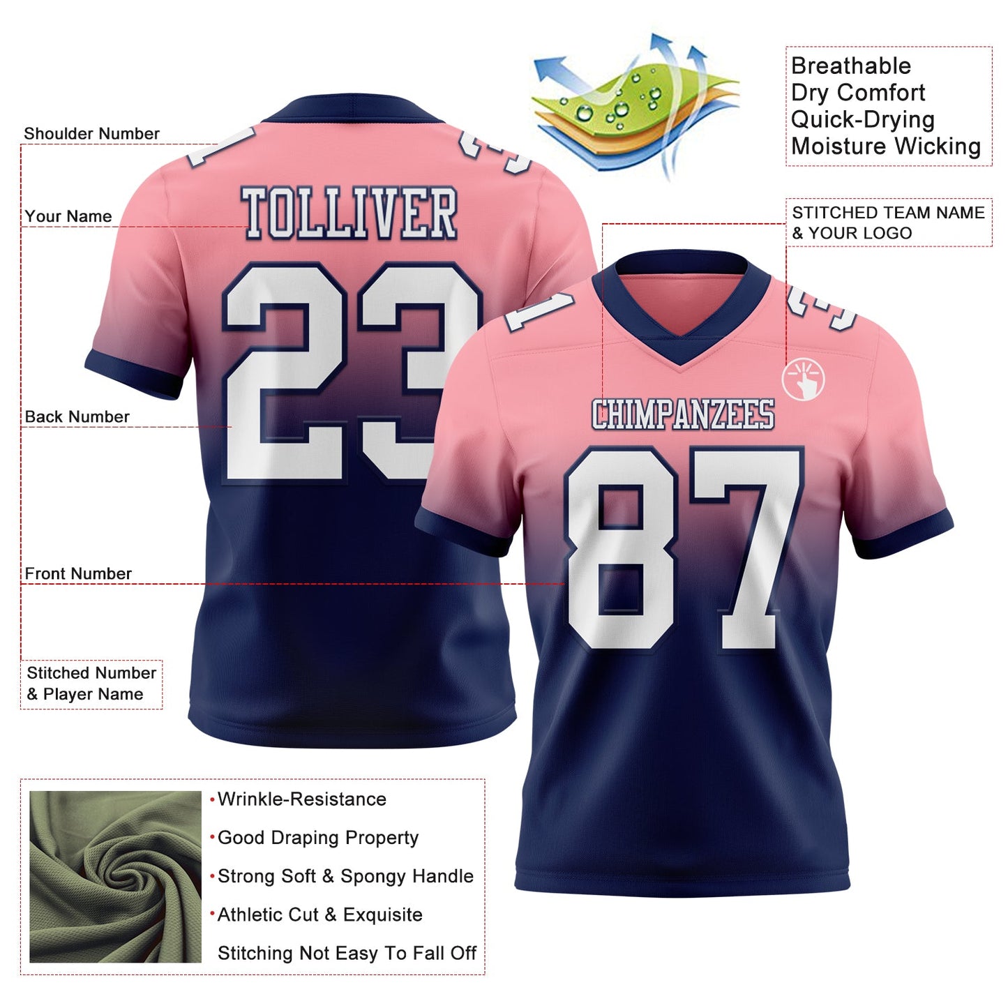 Custom Medium Pink White-Navy Authentic Fade Fashion Football Jersey view 2