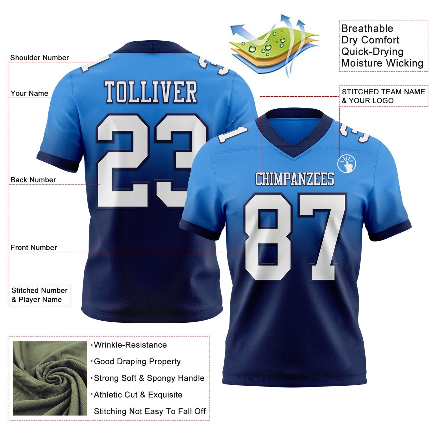 Custom Powder Blue White-Navy Authentic Fade Fashion Football Jersey view 2