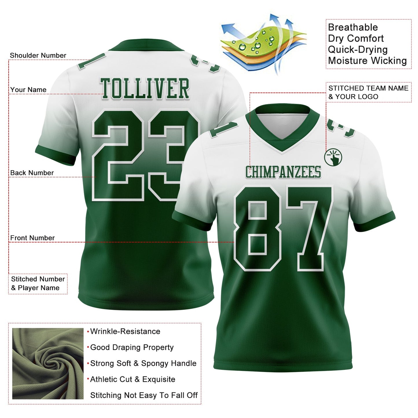 Custom White Green Authentic Fade Fashion Football Jersey view 2