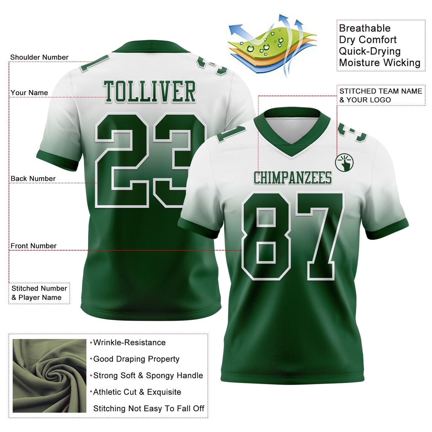 Custom White Green Authentic Fade Fashion Football Jersey view 2