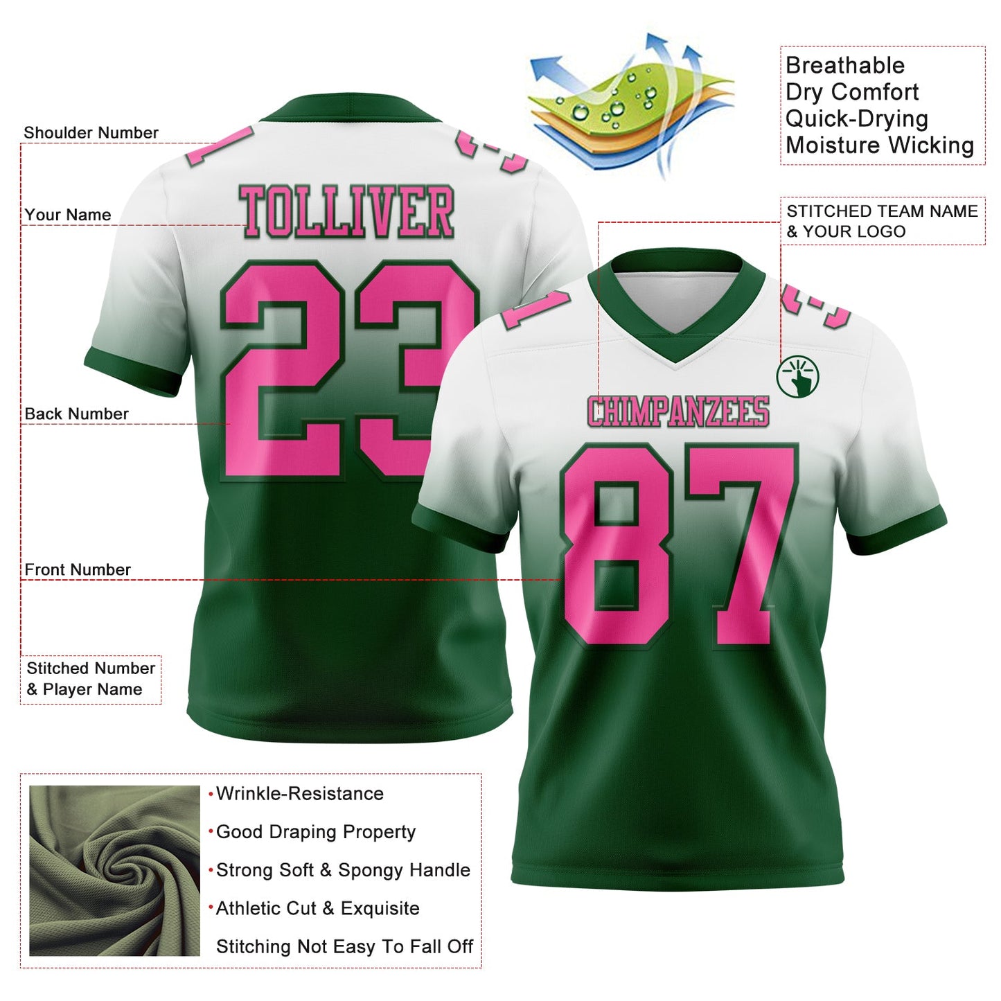 Custom White Pink-Green Authentic Fade Fashion Football Jersey view 2