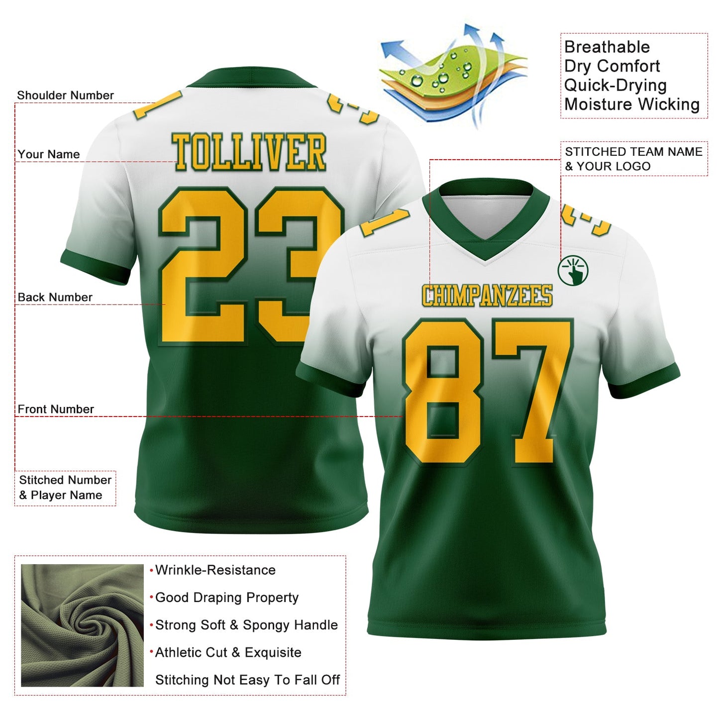 Custom White Gold-Green Authentic Fade Fashion Football Jersey view 2