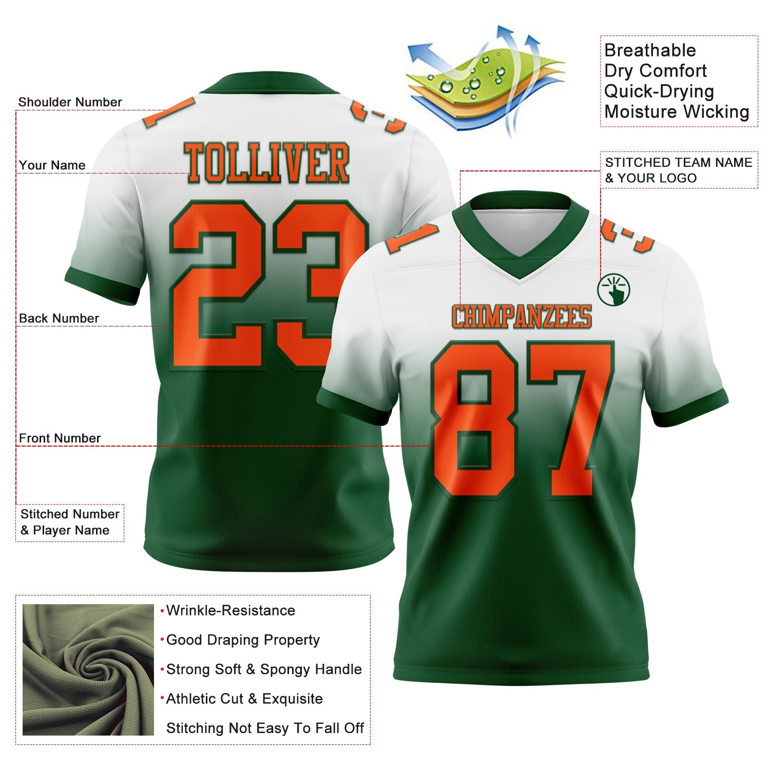 Custom White Orange-Green Authentic Fade Fashion Football Jersey view 2
