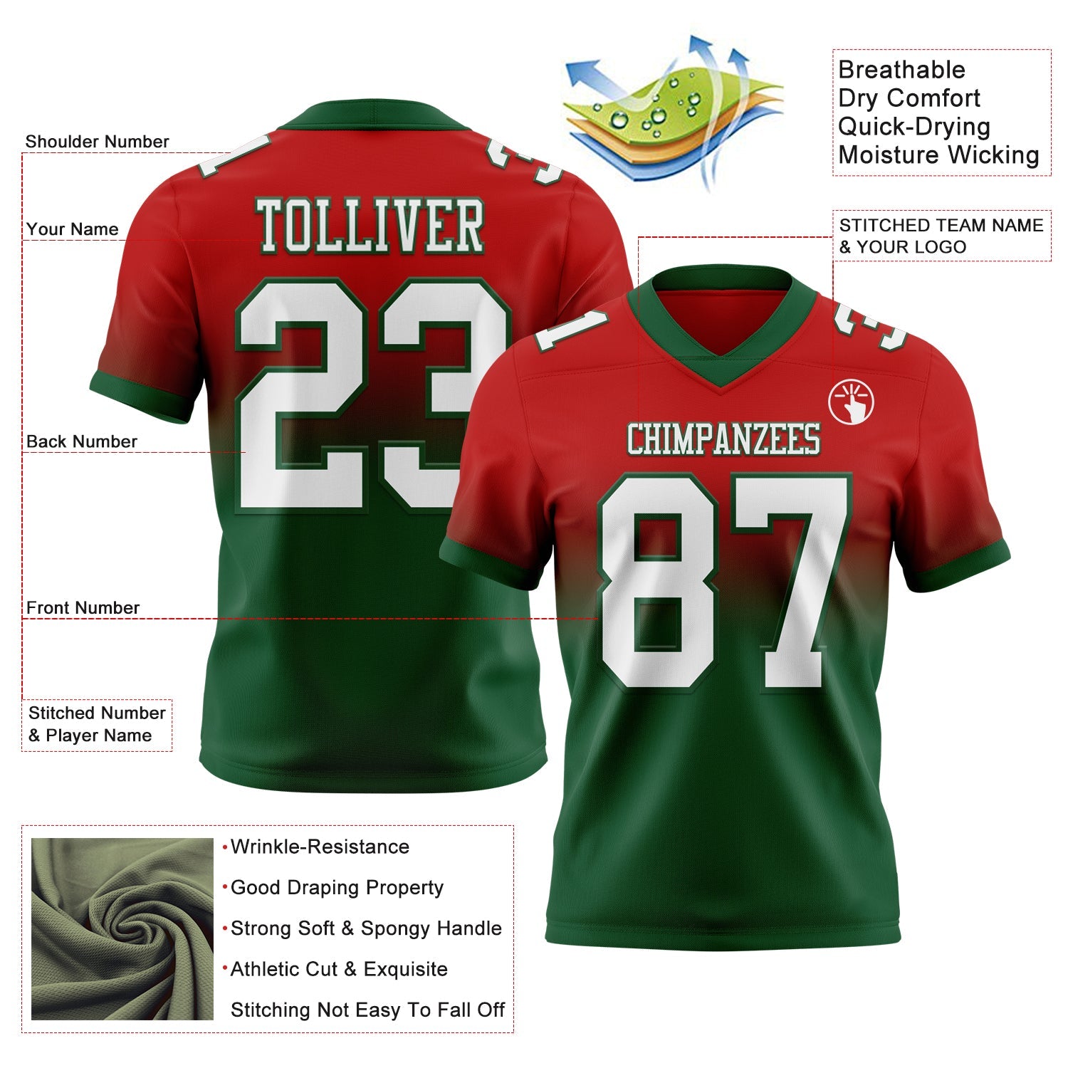 Custom Red White-Green Authentic Fade Fashion Football Jersey view 2