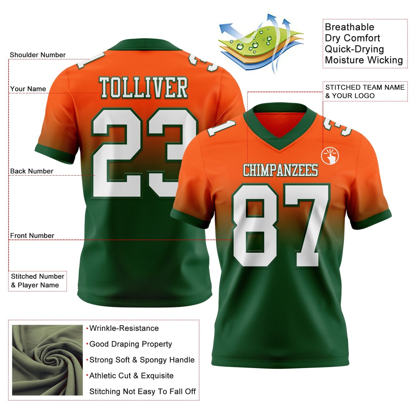Custom Orange White-Green Authentic Fade Fashion Football Jersey view 2