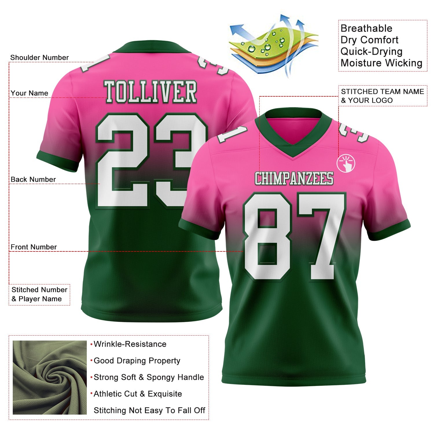 Custom Pink White-Green Authentic Fade Fashion Football Jersey view 2