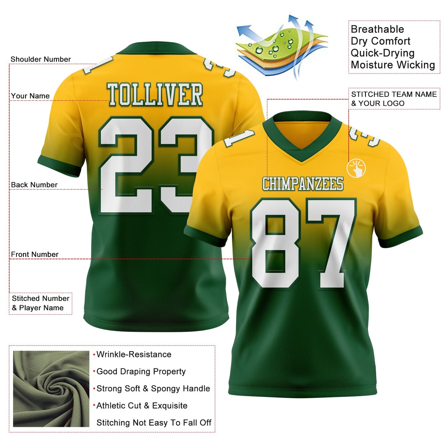 Custom Gold White-Green Authentic Fade Fashion Football Jersey view 2